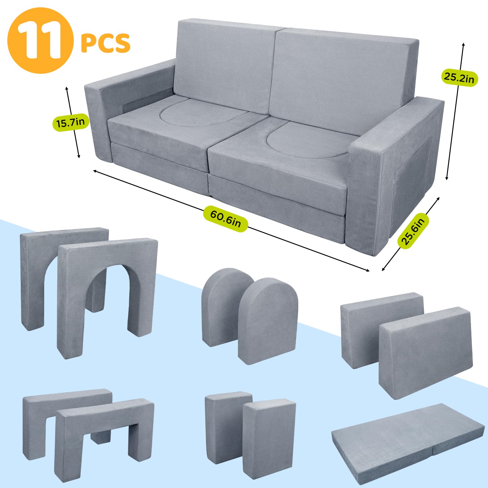 11pcs Kids Couch, Premium Toddler Couch for Child Teens, Play Couch for Bedroom Playroom Toy Living Room, Prefect Gift for Creative Girls and Boys