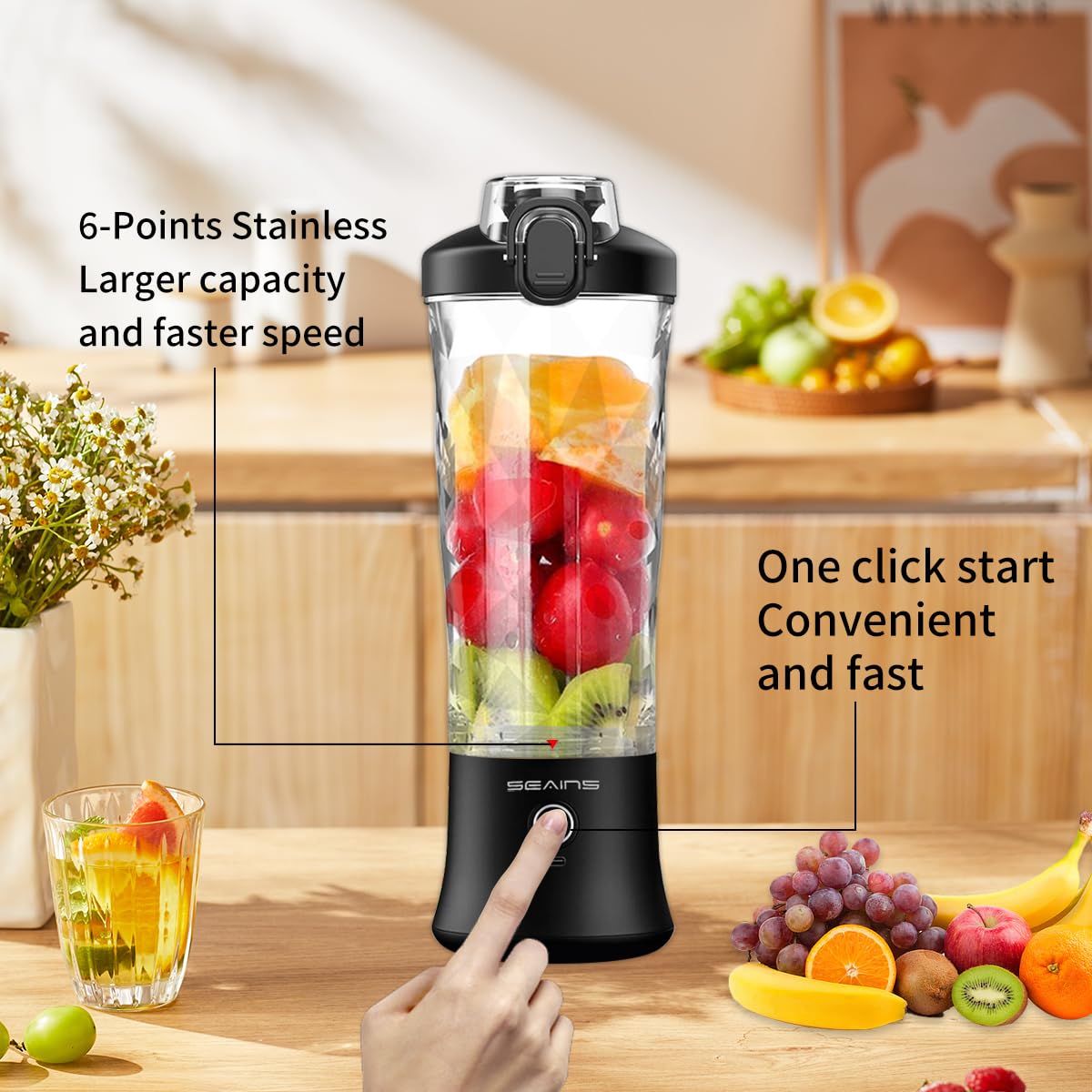 SEAINS Portable Blender, Personal Blender for Shakes and Smoothies with 20 Oz Travel Cup and Lid, Mini Personal Size Blender with 6 Blades and USB Rechargeable for Gym, Kitchen and Outdoors (Black)