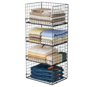 Yociyoga 4-Tier Stackable Closet Organizers and Storage Shelves, Closet Shelf Organizer Basket Bins, Foldable Sweater Storage for Closet Organizer System, Black