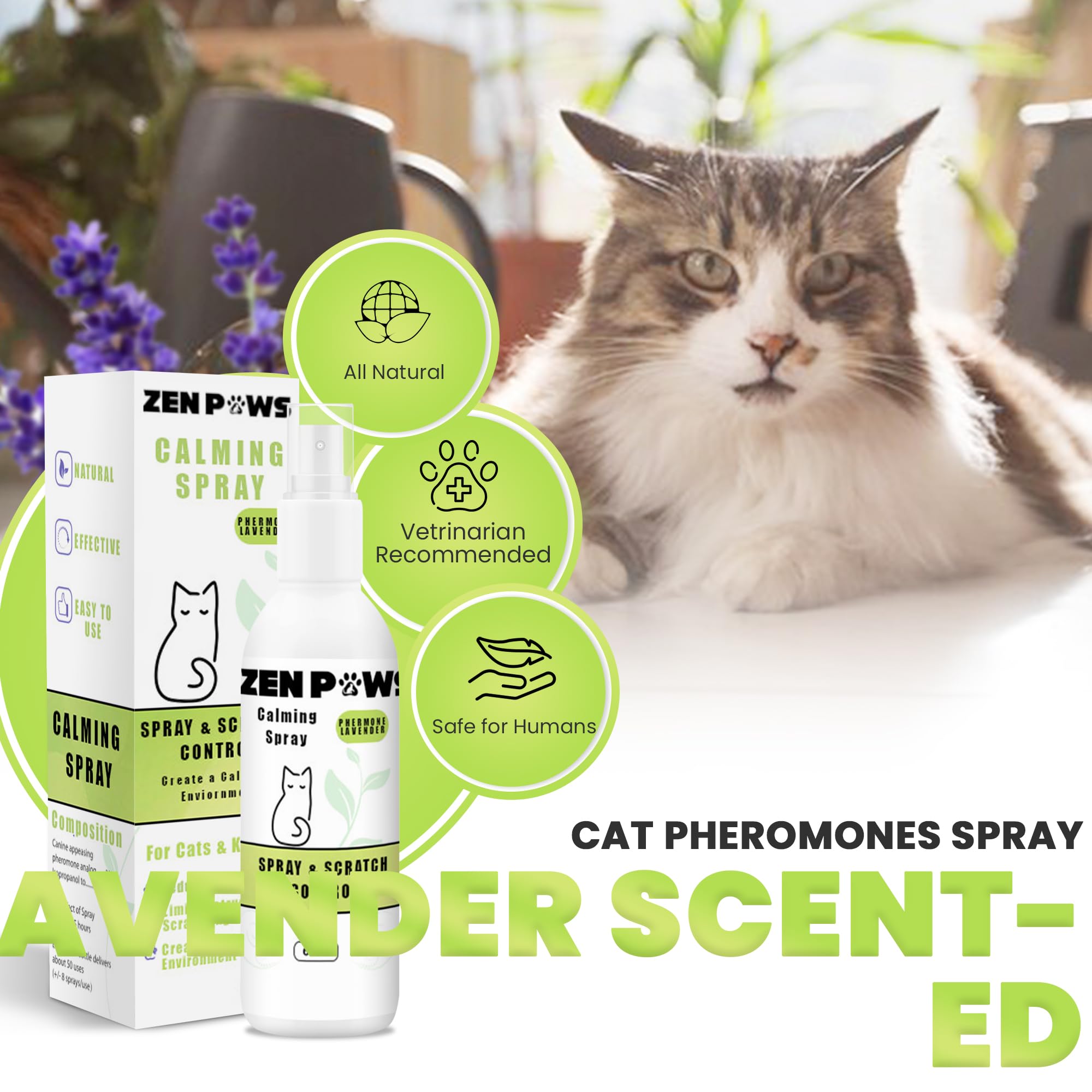 Zenpaws Cat Phermone Calming Spray - Quickly Relieve Stress - Reduces Scratching Furniture, Peeing, Marking, Anxiety - Supports Relief for Fireworks, Travel, Vet Visits 60ml