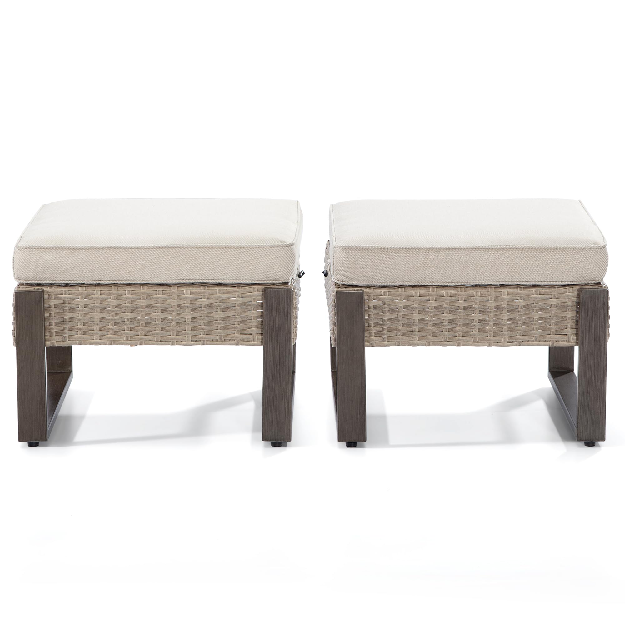 Gardenbee 2 Pieces Outdoor Patio Ottoman, All-Weather PE Rattan Ottomans Footstools with Removable Cushions & Anti-Rust Steel Frame Legs for Garden Backyard Porch Deck, Beige