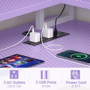 armocity L Shaped Computer Desk with Power Outlets, Gaming LED Lights, Corner Storage Shelves, Work Study for Bedroom, Home Office Small Spaces, 47'', Carbon Fiber Purple