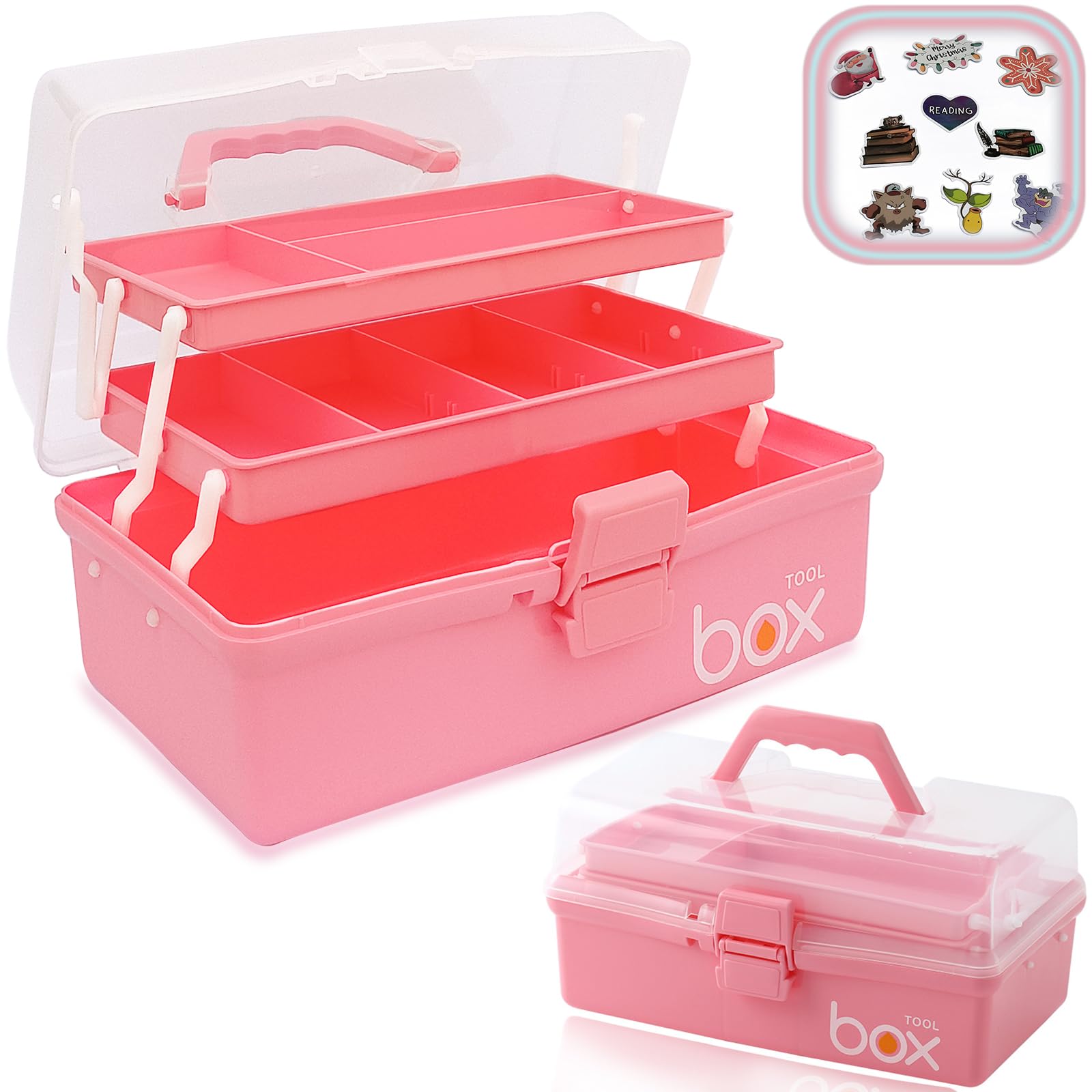 VOAUCEAN 12'' Three-Layer Folding Storage Box, Art Crafts Case,Organization Portable Handled Tool Box for Sewing,Makeup,Tackle,Medical Supply Organizer (Pink)