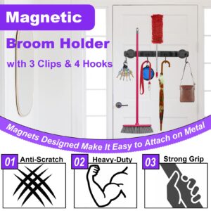 Magnetic Mop Broom Holder, Heavy Duty Magnetic Mop Hanger with 4 Hooks for Cleaning Tools, Strong Magnetic Tool Hanger Organize System Utility Rack for Refrigerators Laundry Garage Kitchen