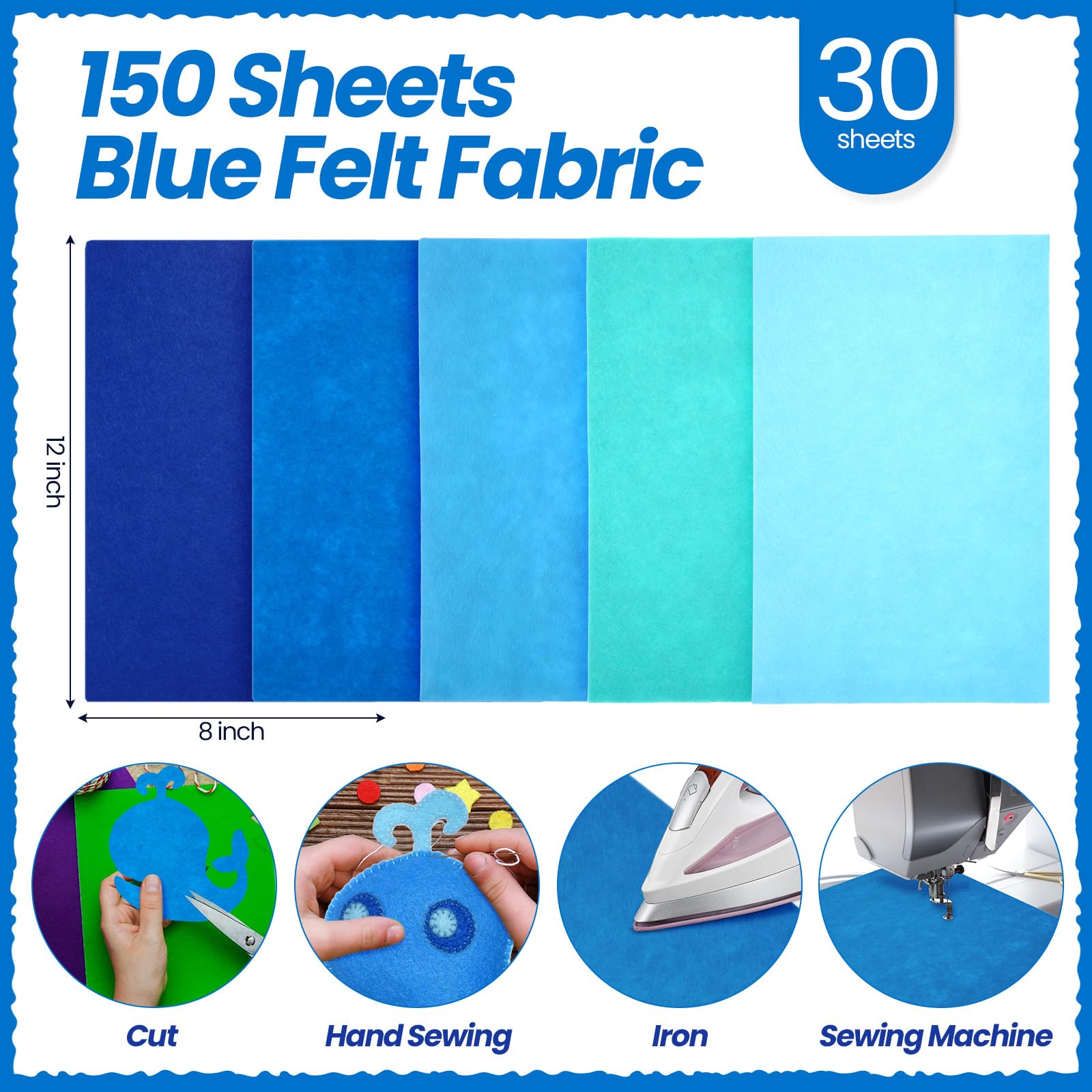 Peryiter 150 Pcs Blue Felt Fabric Sheet for Craft 8 x 12 in Felt Sheet for Craft Assorted Felt Fabric Craft Felt Square for Crafting Sewing Patchwork Project(Blue Series)