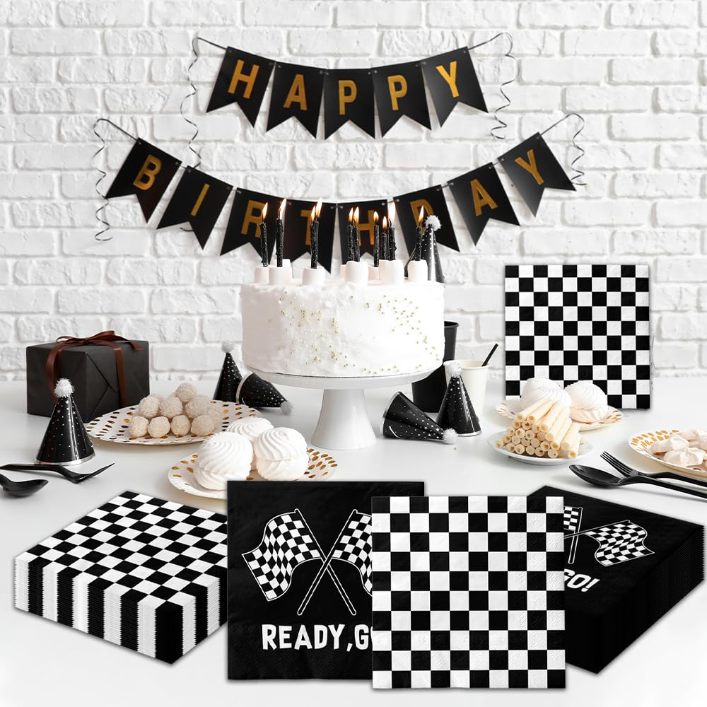 40Pcs Black and White Checkered Flag Party Napkins Disposable Race Car Birthday Party Supplies Racing Car Theme Party Paper Lunch Napkins for Baby Shower Kids Men Party Decorations Favors