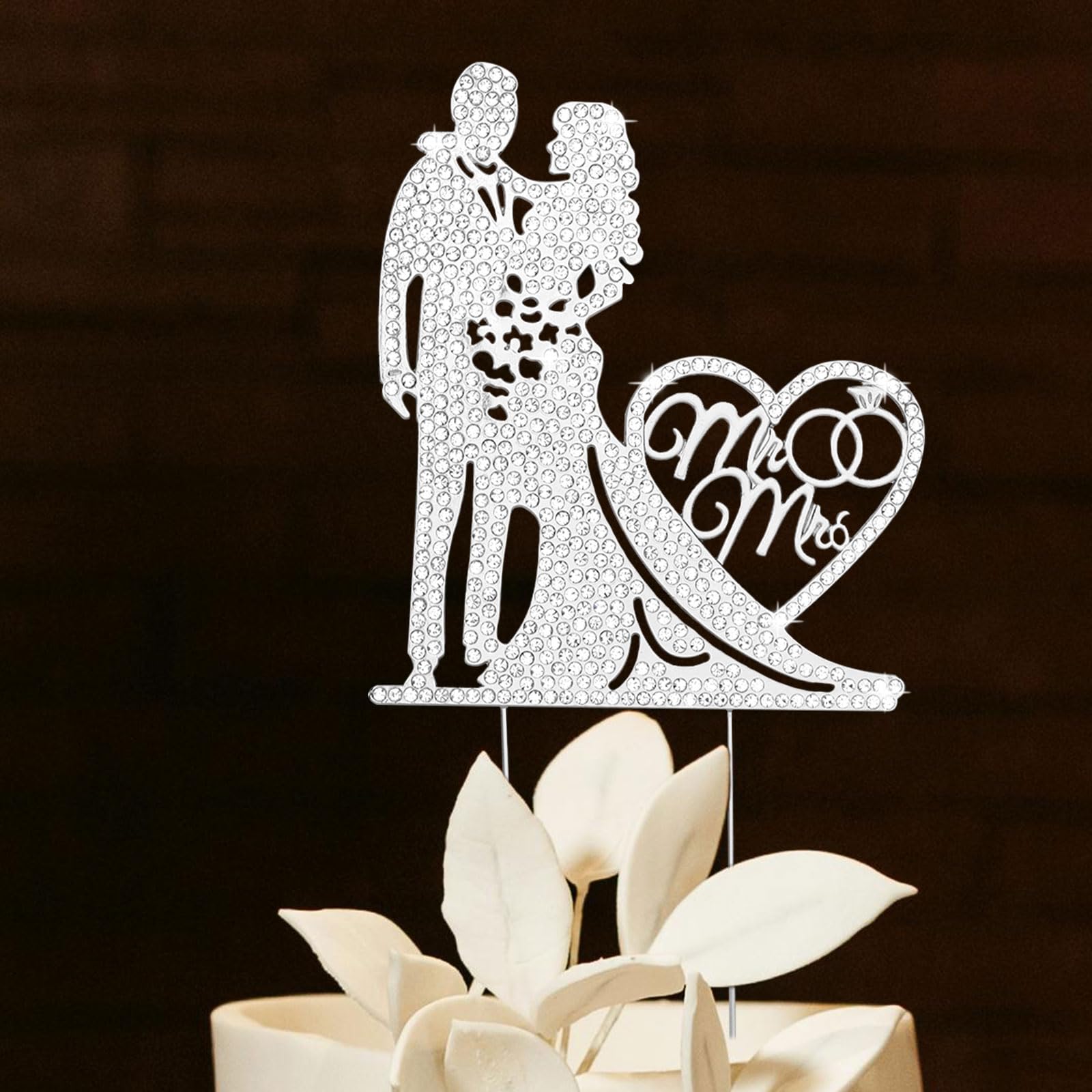 GAFATORY Wedding Cake Topper Rhinestone Metal Mr and Mrs Cake Topper Crystal Wedding Cake Decorations Bride and Groom Bridal Shower Theme Anniversary Party Silver Cake Topper