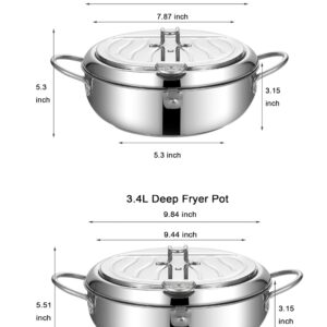 Deep Fryer Pot, Japanese Style Tempura Deep Fryer Frying Pot With Thermometer, Lid, Oil Drip Drainer Rack for French Fries Fish Shrimp Chicken 7.9 Inch/2.2 L 304 Stainless Steel Gifts