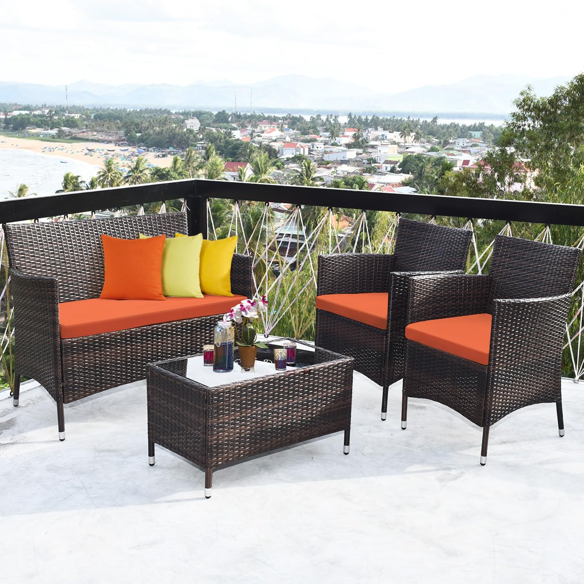 Tangkula 4-PCS Patio Rattan Conversation Set, Outdoor Wicker Furniture Set with Tempered Glass Coffee Table &Thick Cushion, Rattan Chair Wicker Set for Garden, Lawn, Poolside and Backyard (1, Orange)