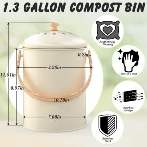 Kimicr 1.3 Gallon Compost Bin Kitchen Counter, Stainless Steel Odorless Indoor Compost Bin Includes 4 Pack Carbon Filters, Countertop Compost Bin with lid, Kitchen Compost Bucket with Bamboo Handles