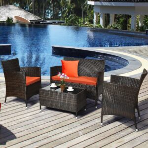 Tangkula 4-PCS Patio Rattan Conversation Set, Outdoor Wicker Furniture Set with Tempered Glass Coffee Table &Thick Cushion, Rattan Chair Wicker Set for Garden, Lawn, Poolside and Backyard (1, Orange)