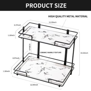 QTTCMY 2 Tier Bathroom Cabinet Countertop Organizer Perfume Lipstick Makeup Organizer Cosmetics Storage Display Rack Vanity Tray Metal Dresser Storage Shelf White Marble Ceramic Tray Black