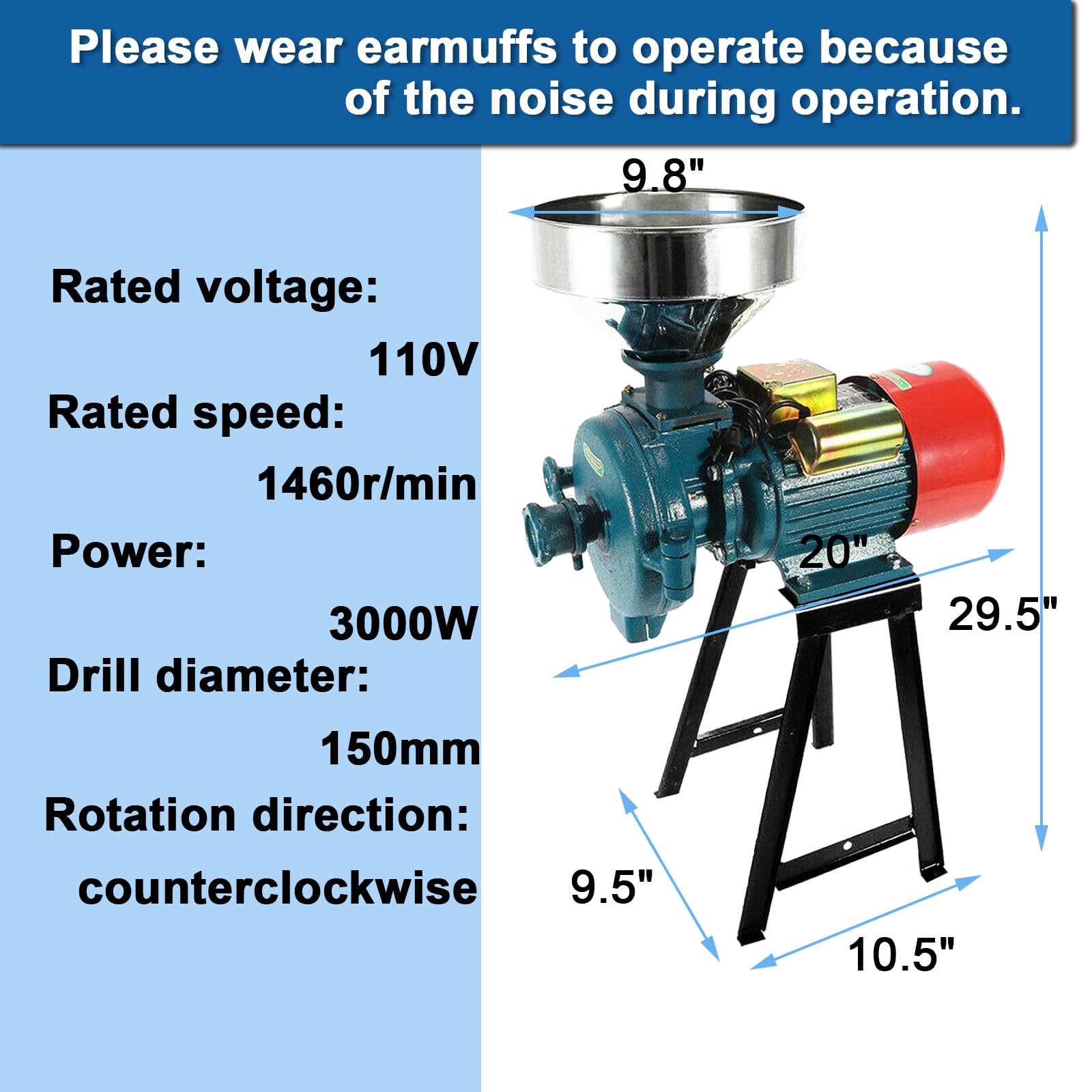 EVGTTI Electric Grain Grinder Mill 3000W, 110V Dry Cereals Grinder with Funnel, Commercial Electric Feed Mill Dry Grinder, Rice Corn Grain Coffee Wheat Feed Mill Flour Mill