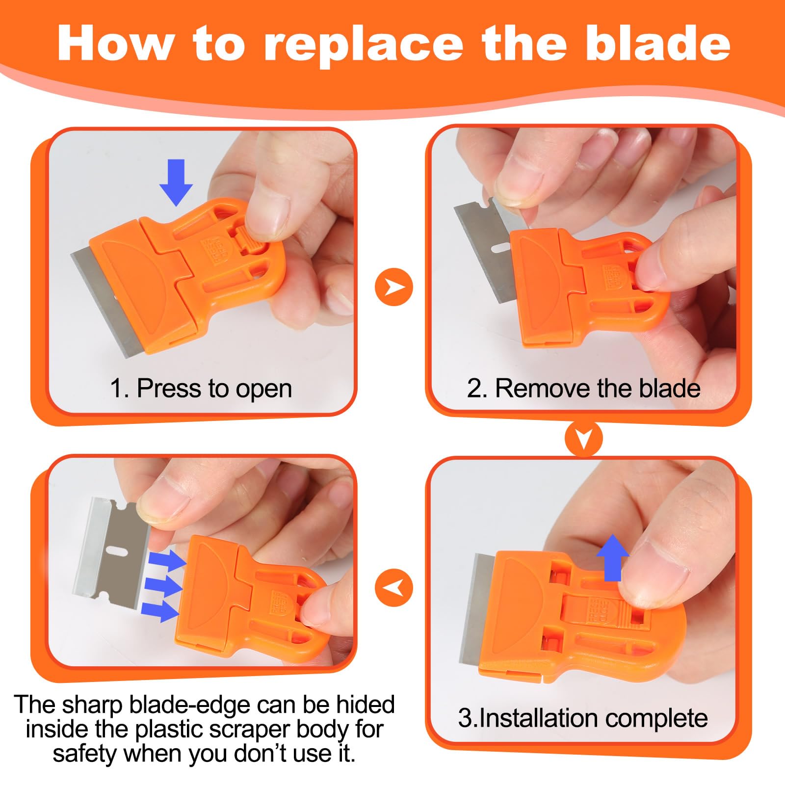 WEGAZ-4 Pcs Mini Plastic Razor Blade Scraper Tool，Plastic Scraper，Cleaning Scraper Tool，Glass Scraper，Window Scraper，Stove Scraper Tool，Equipped with 20 Blades.