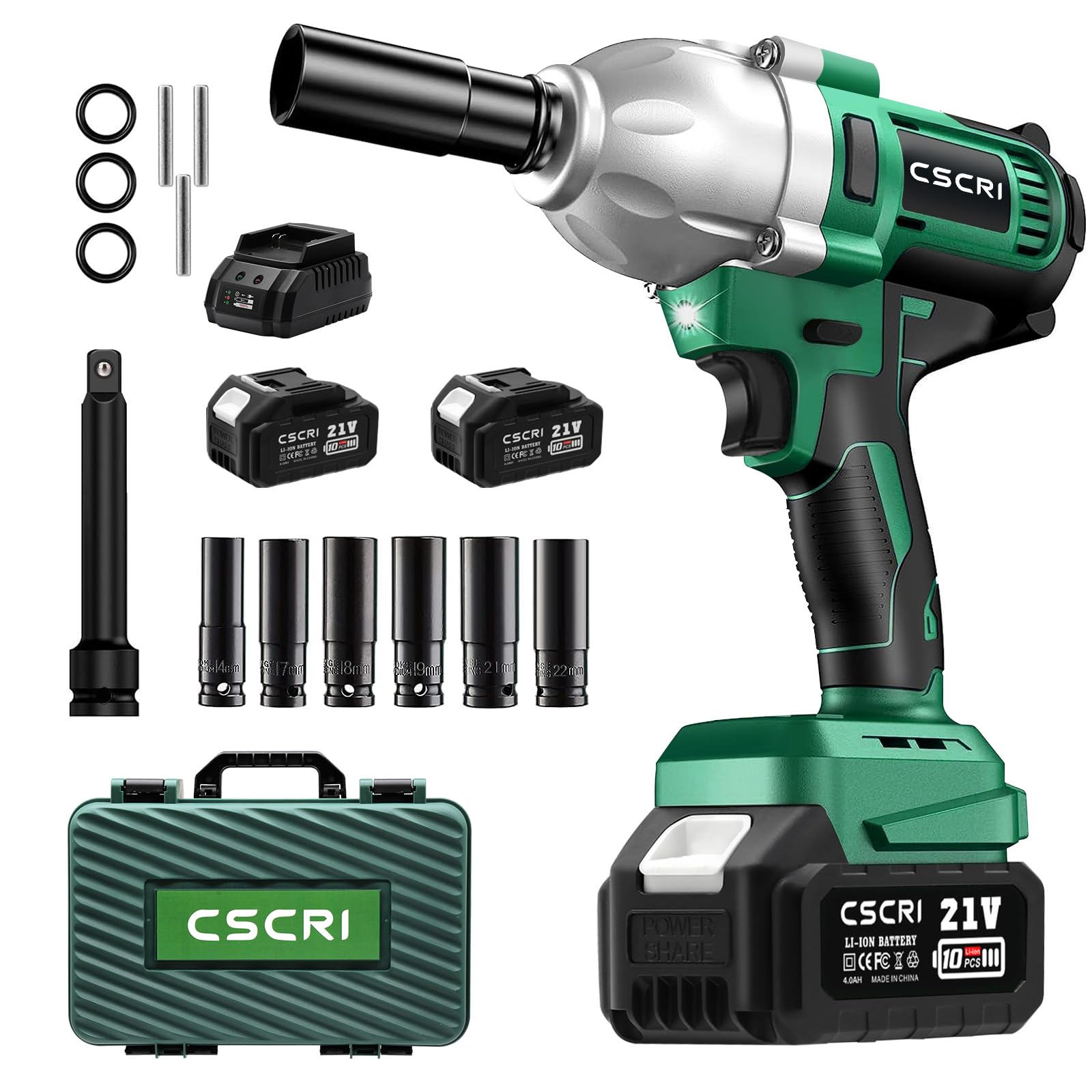 CSCRI Cordless Impact Wrench Kit 1/2 inch Brushless, Max Torque 580Ft-lbs(800N.m) Electric Impact Gun w/2x 4.0Ah Battery, Charger & 6 Sockets, Power Impact Driver for Car Home