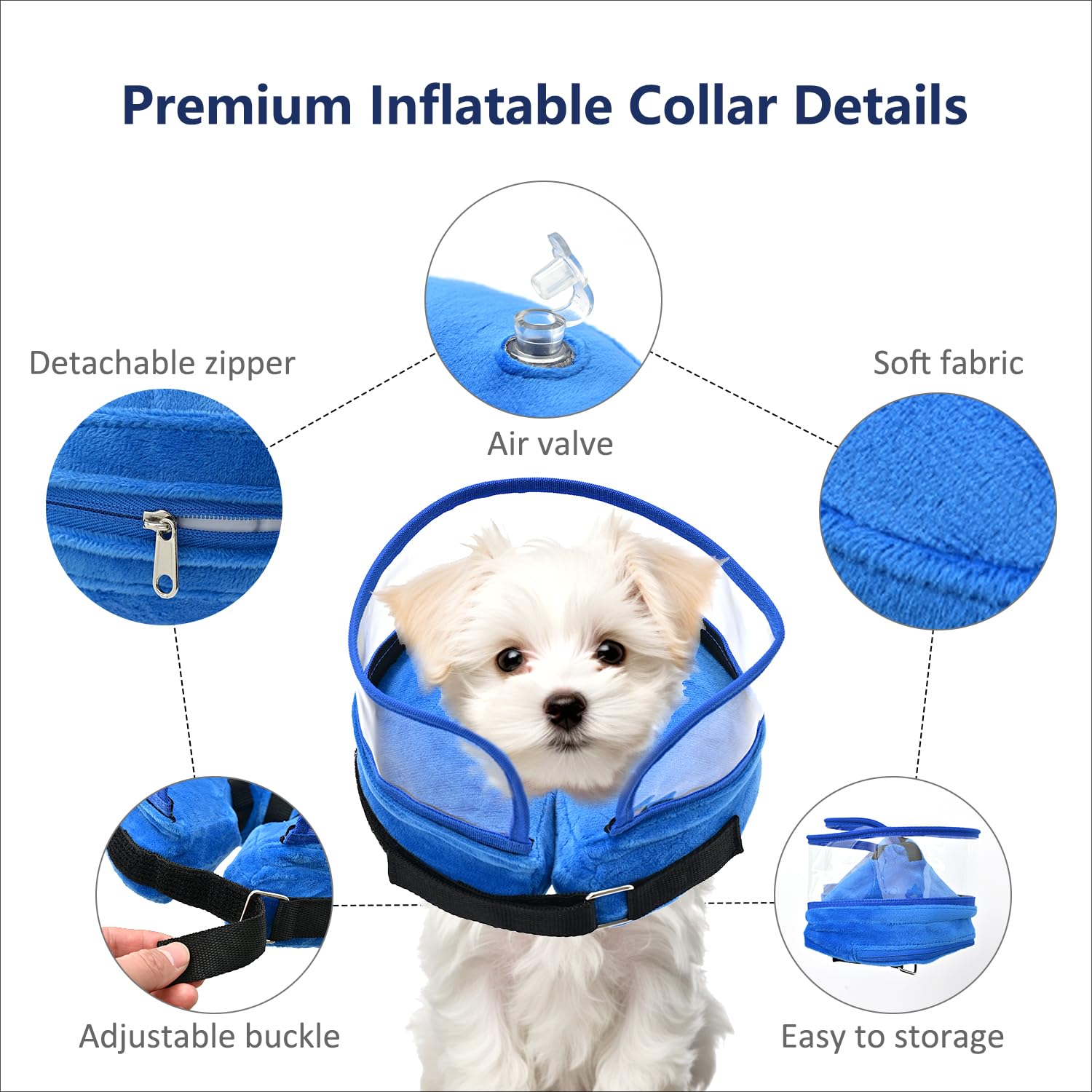 Wepet Adjustable Protective Elizabethan Collar for Cats & Dogs with Shield, Pet Recovery Collar, Pet Cone, Inflatable, Removal & Washable, Easy Storage, Durable & Soft, Blue, Size L with Clear Shield