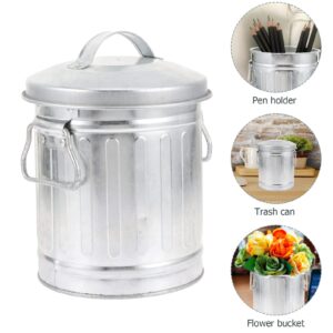 Cabilock Galvanized Trash Can Bucket with Lid Mini Desktop Wastebasket Rubbish Bin Garbage Waste Basket Vintage Farmhouse Metal Utility Pail Flower Pot Pen Pencil Holder M