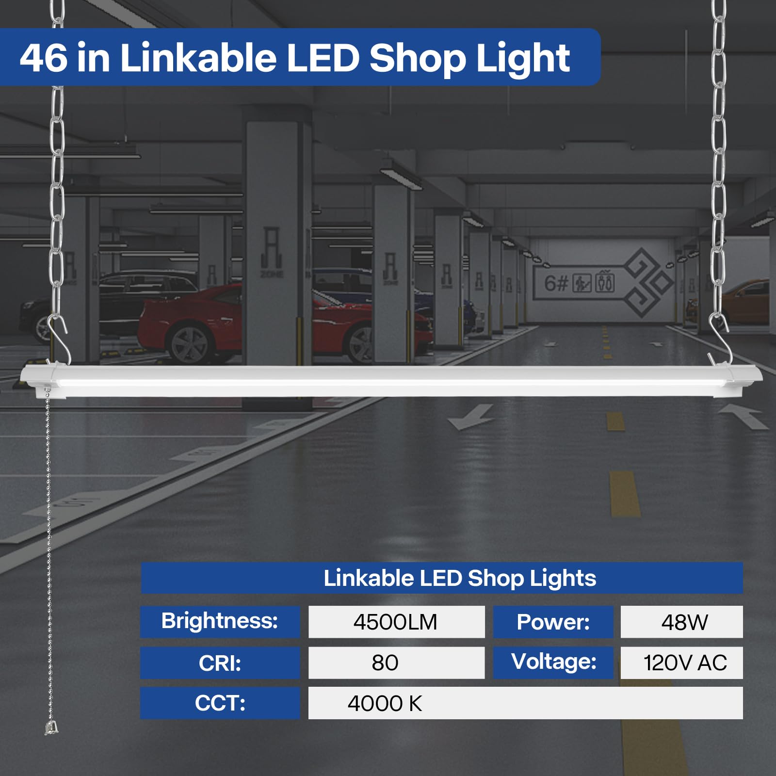 ENATECLITE Linkable 4Foot Hanging Mount Work Lights, LED Garage Lights, Plug-in High Visibility Workshop Led Lights, Hanging Garage Ceiling Lights 4000K Daylight, 4500LM, Pull Chain for Basement