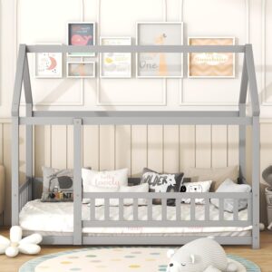 Harper & Bright Designs Twin Floor Bed for Kids, Wooden Twin Montessori Floor Bed with Fence-Shaped Rails, Twin Size House Bed for Girls, Boys(Twin, Grey)