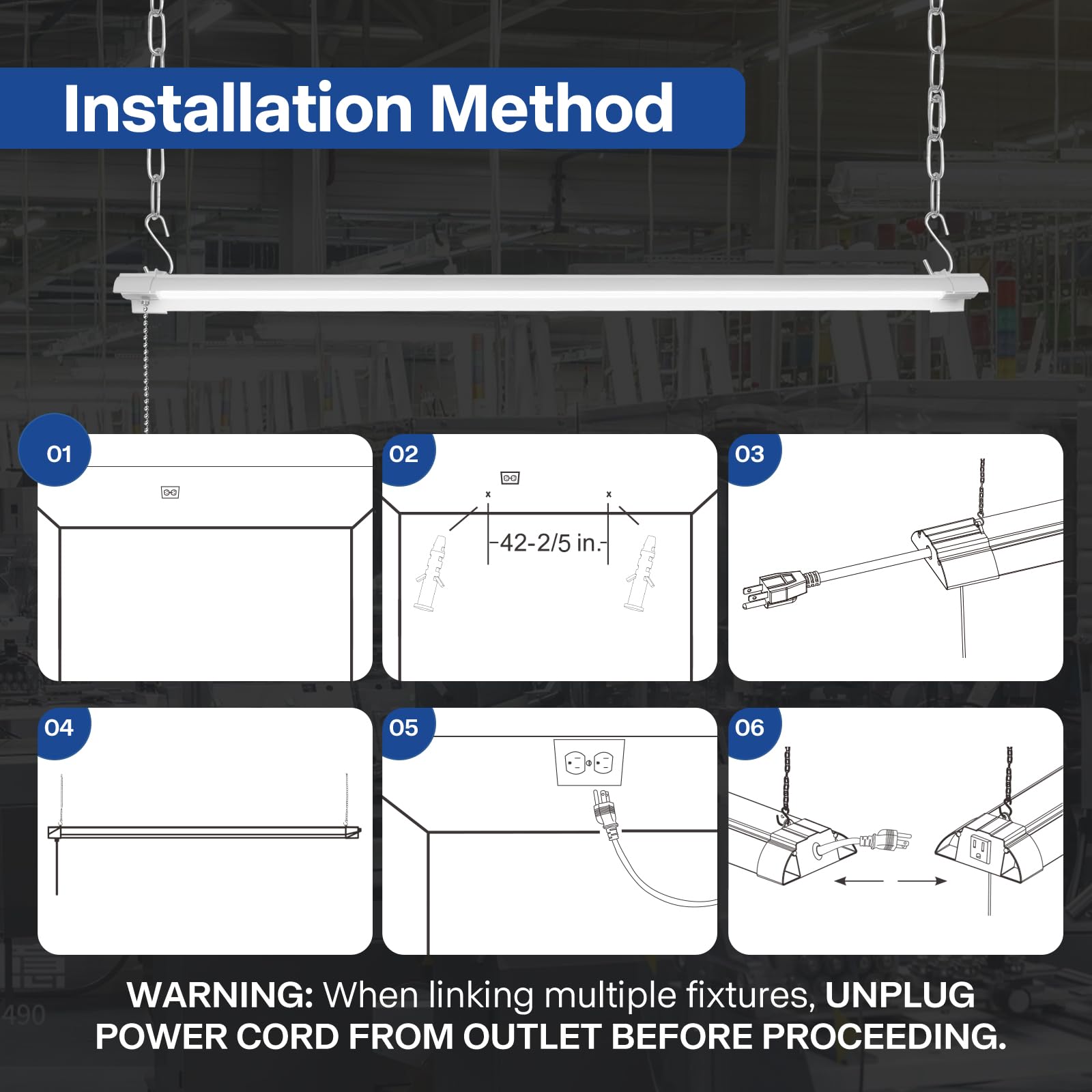 ENATECLITE Linkable 4Foot Hanging Mount Work Lights, LED Garage Lights, Plug-in High Visibility Workshop Led Lights, Hanging Garage Ceiling Lights 4000K Daylight, 4500LM, Pull Chain for Basement