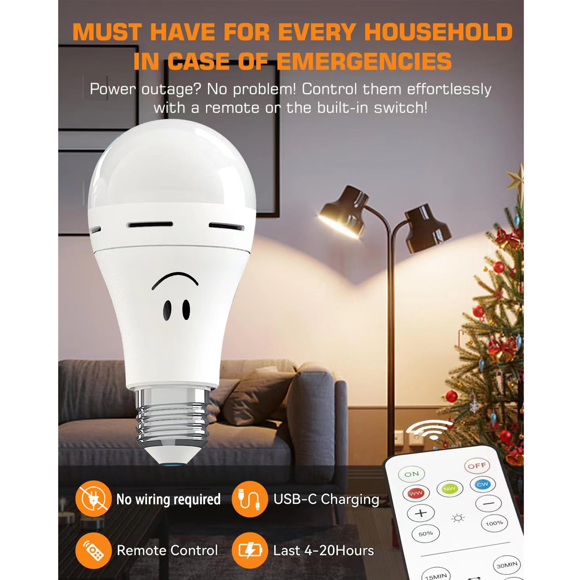 E26 Rechargeable Battery Operated Light Bulb,2Packs,300LM,40W Equivalent,Rechargeable Light Bulbs with Remote Control Timer and 3 Color Temperature,Puck Emergency Lamp,Dimmer,for Non-Hardwired