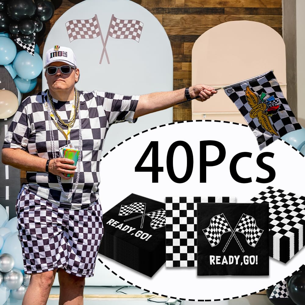 40Pcs Black and White Checkered Flag Party Napkins Disposable Race Car Birthday Party Supplies Racing Car Theme Party Paper Lunch Napkins for Baby Shower Kids Men Party Decorations Favors