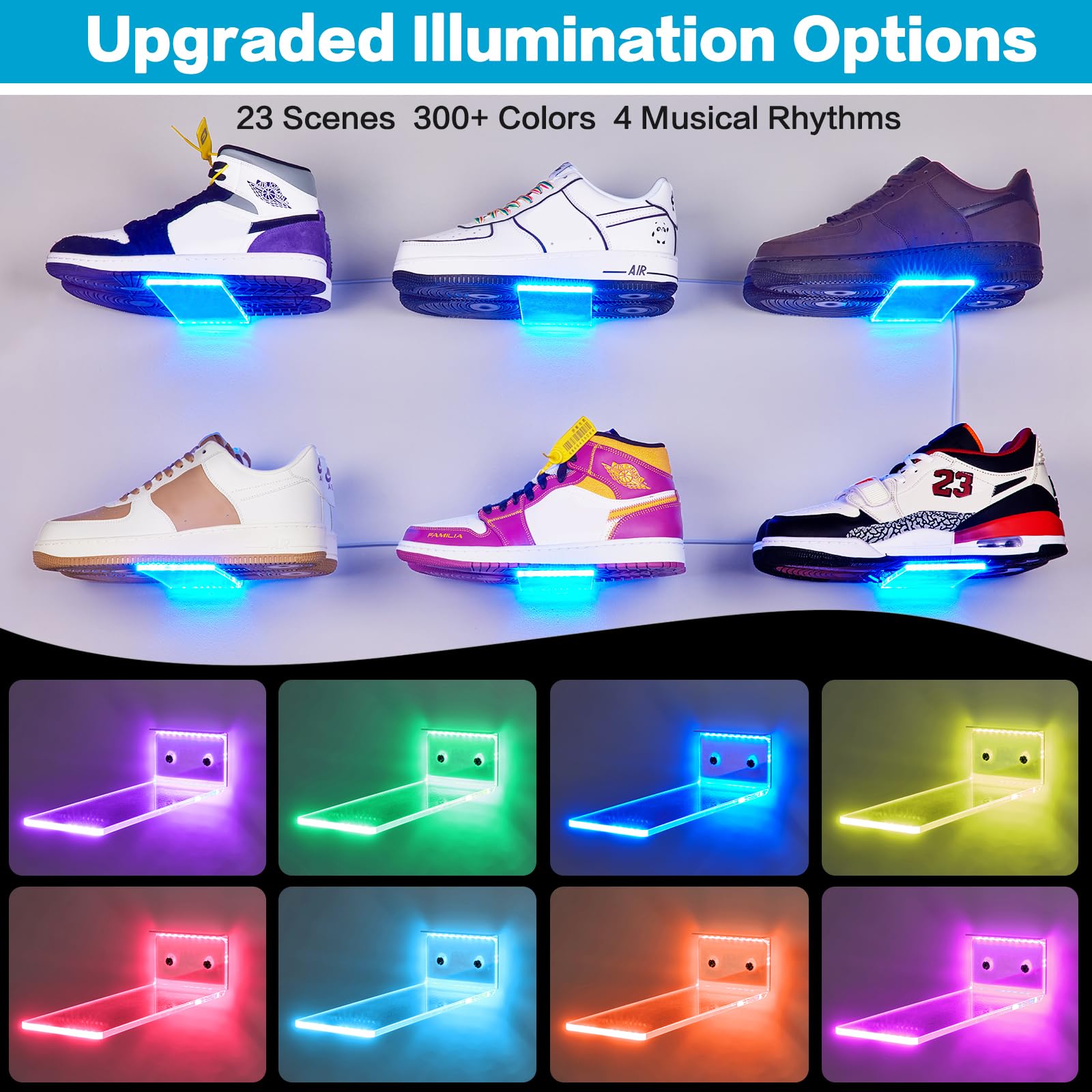 DILIBRA Set of 6 Floating Shoe Display Shelf with Lights, Glow Color Changing Clear Acrylic Shoe Shelf for Wall, Levitating Sneaker Shelves Wall Mount for Display Your Top Shoes Collection