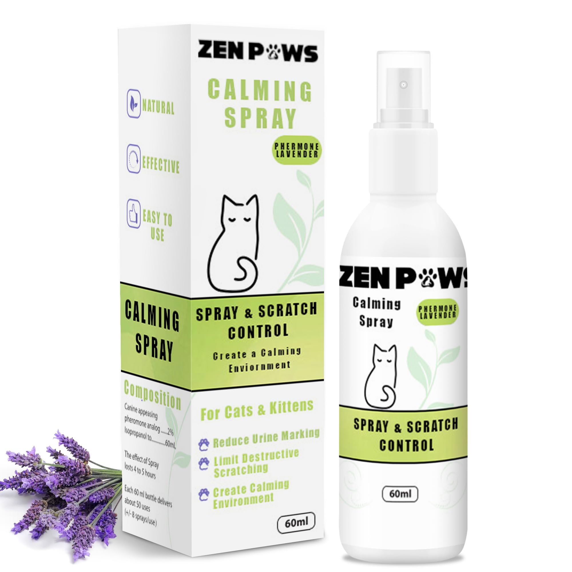 Zenpaws Cat Phermone Calming Spray - Quickly Relieve Stress - Reduces Scratching Furniture, Peeing, Marking, Anxiety - Supports Relief for Fireworks, Travel, Vet Visits 60ml