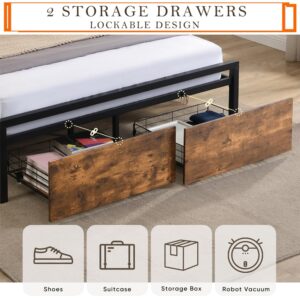 Industrial Queen Platform Bed Frame with LED Lights, Storage Headboard, 2 Drawers, and Charging Station - No Box Spring Needed