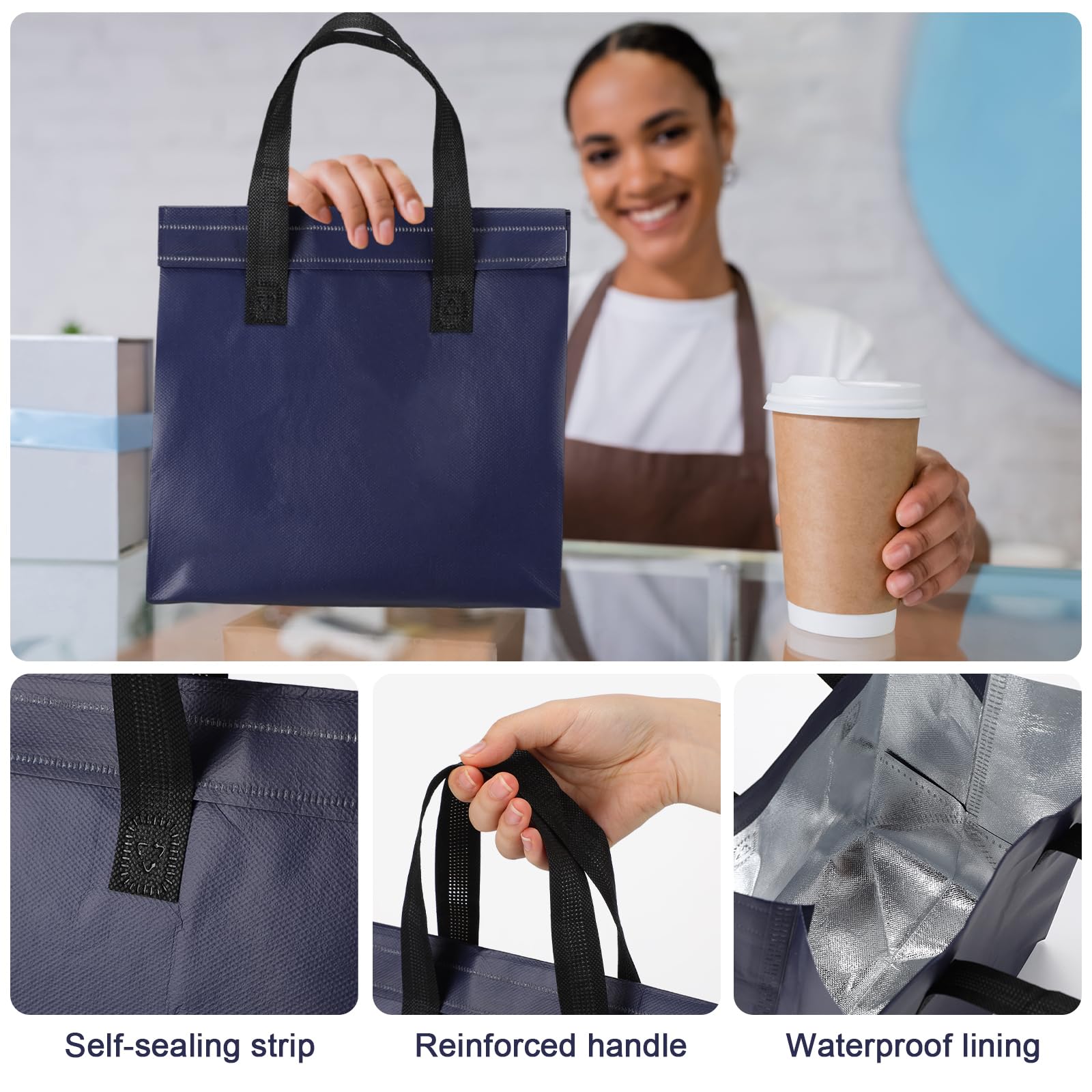 FoldTier 50 Pcs Insulated Take Away Bags Bulk Thermal Insulation Food Bag for Coffee Milk Tea Hot Cold Food Fresh Seafood Cooler Bag Pizza Delivery Bags for Catering Restaurant Grocery (Navy Blue)