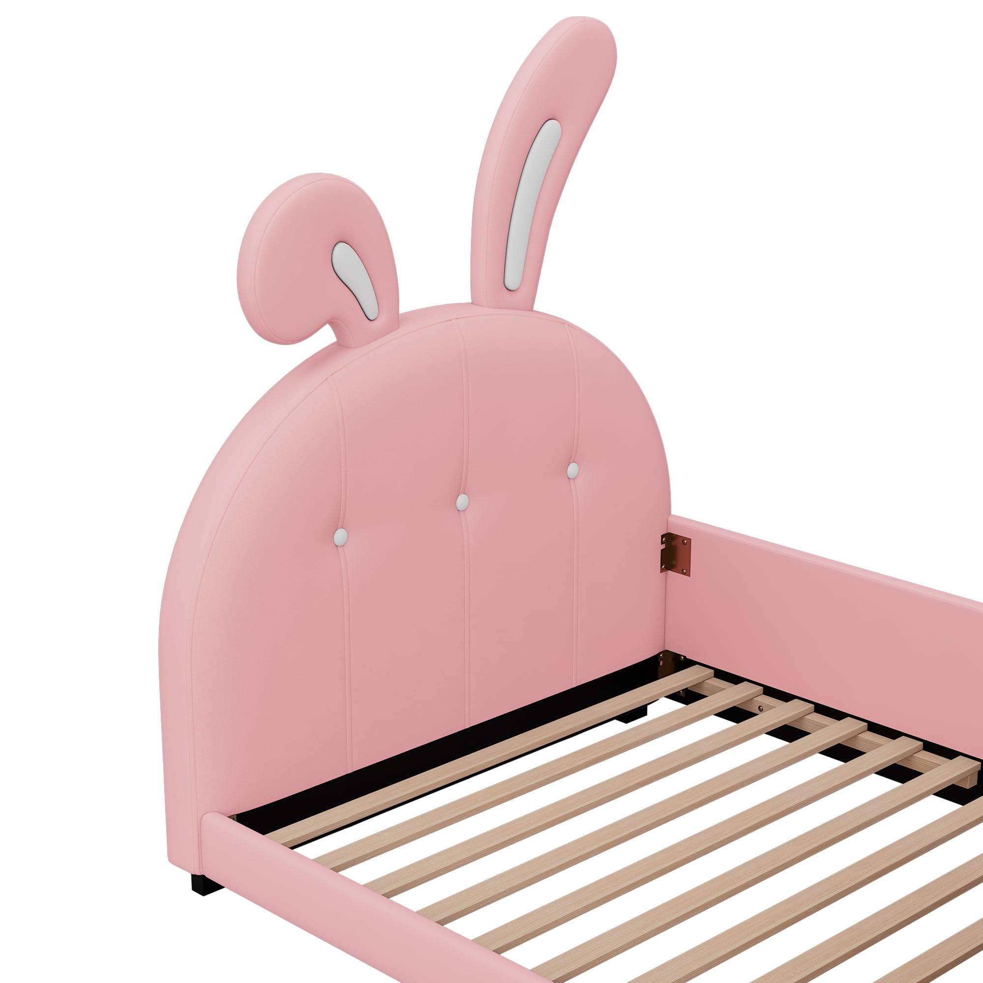 Cute Twin Size Upholstered Princess Bed,Platform Bed with Rabbit-Shape Headboard and Footboard,for Kids Toddlers Boys Girls Bedroom Use (Pink@Rabbit, Twin)