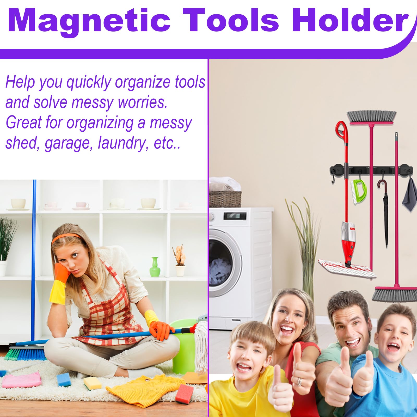 Magnetic Mop Broom Holder, Heavy Duty Magnetic Mop Hanger with 4 Hooks for Cleaning Tools, Strong Magnetic Tool Hanger Organize System Utility Rack for Refrigerators Laundry Garage Kitchen