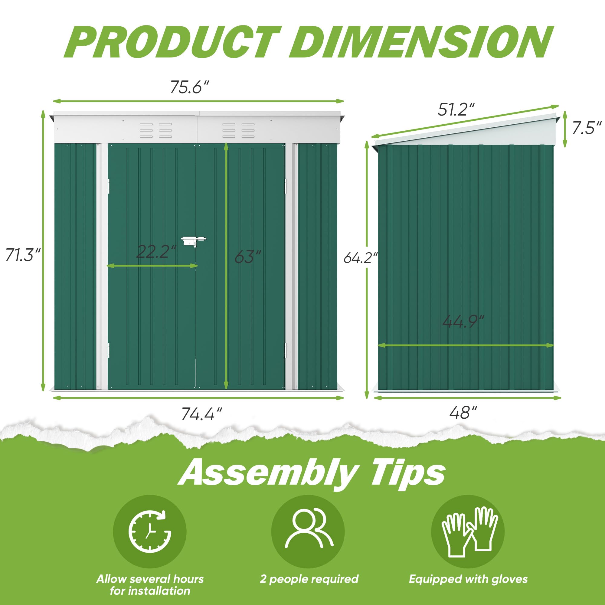 Greesum Outdoor Storage Shed 6x4FT All Weather Metal Garden Shed with Lockable Double Doors for Garden Tools, Toys and Sundries, Green