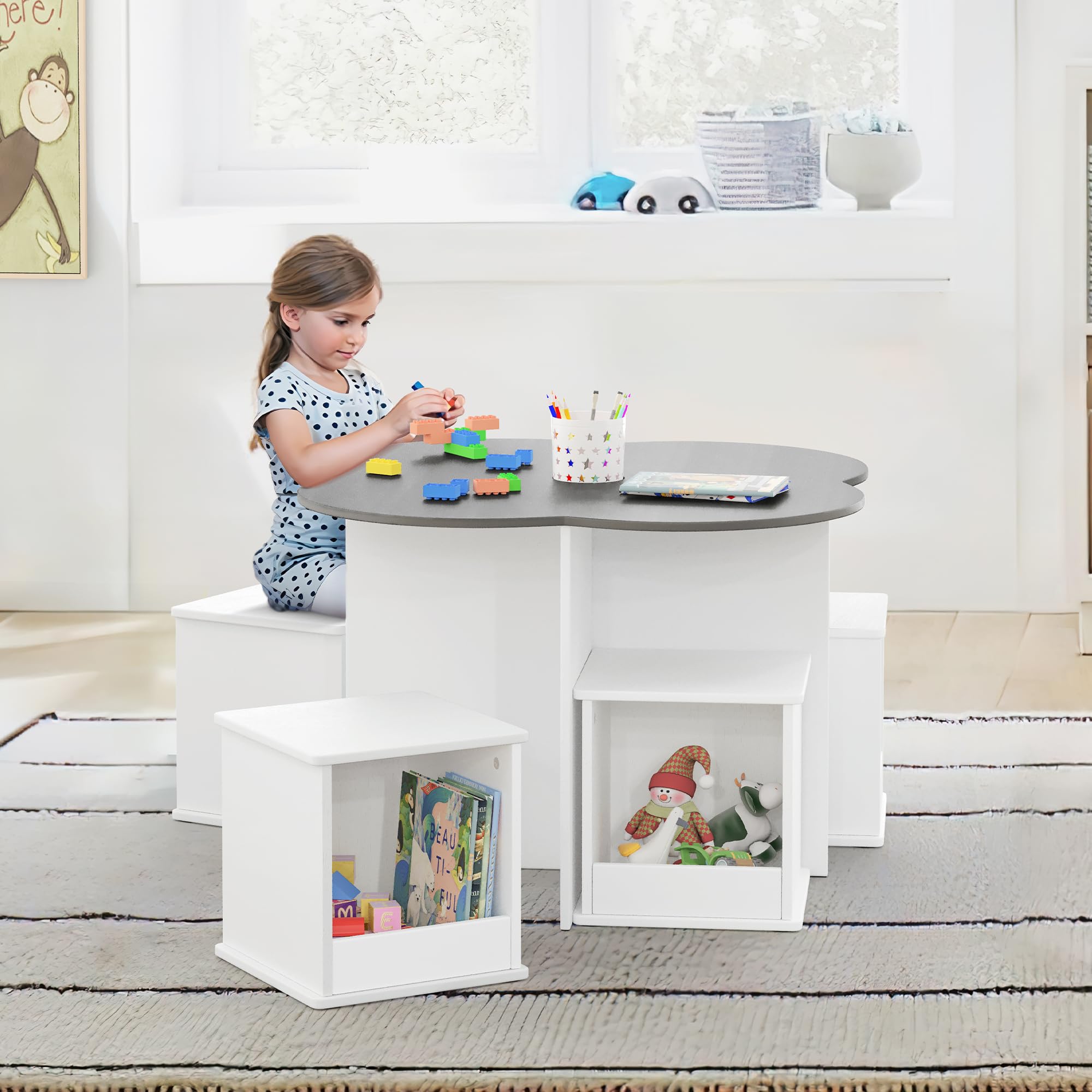 Curipeer Toddler Table and Chair Set with 4 Storage Stools, Flower Shaped Nesting Design Table with Built-in Pen Holder, Kids Table for Activity/Play/Art/Read/Craft, Grey & White