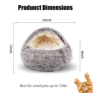 Calming Dog Beds & Cat Cave Bed with Hooded Cover,Washable Round Beds for Small Medium Pets,Anti-Slip Faux Fur Fluffy Coved Bed,Comfortable Warming Pet Bed (24 * 24inch,Khaki)