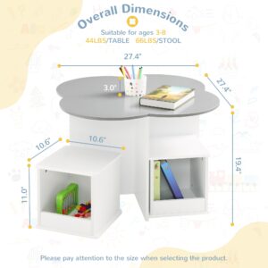 Curipeer Toddler Table and Chair Set with 4 Storage Stools, Flower Shaped Nesting Design Table with Built-in Pen Holder, Kids Table for Activity/Play/Art/Read/Craft, Grey & White