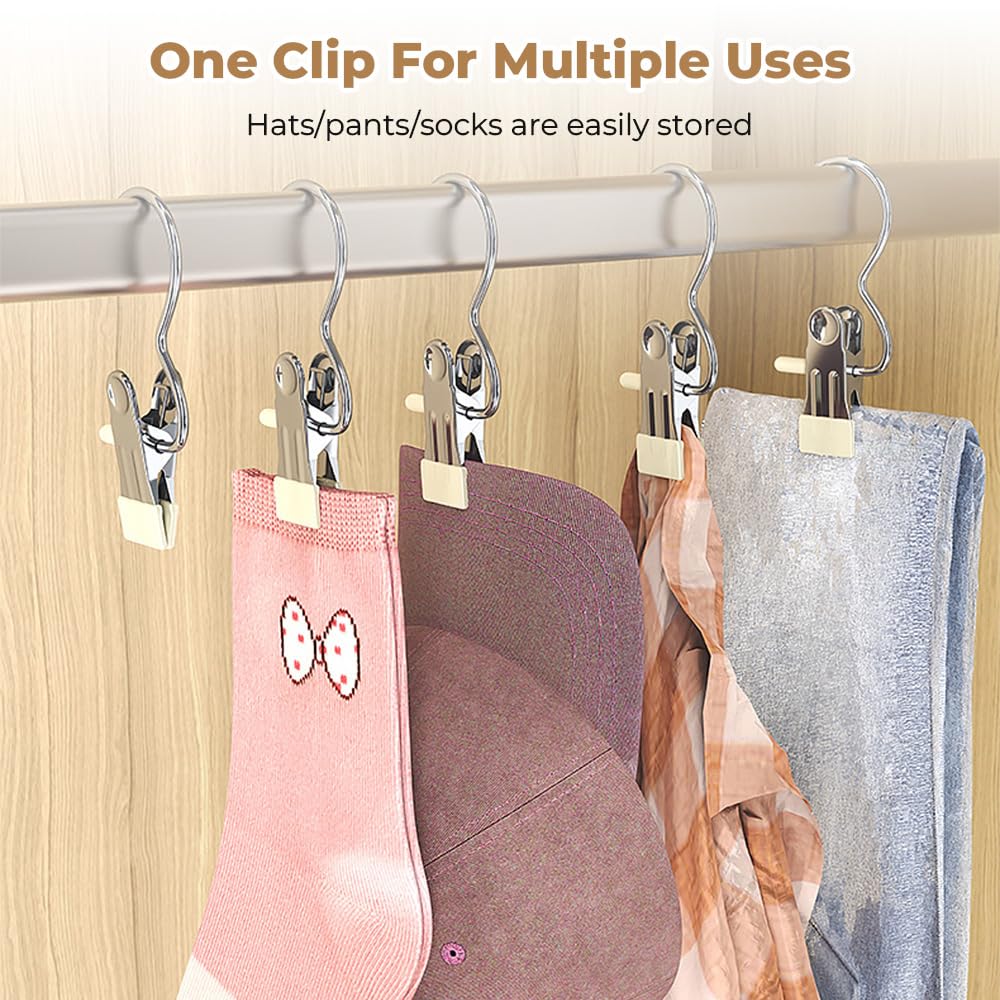 30 PCS Anti-Rust Clip Space-Saving Clothespin Hat Pants Storage Hanging Travel Hook, Heavy Duty Hanging Hooks Clip, 360° Rotating Stainless Steel Hanger Clips Towel Clips (Black, 30)