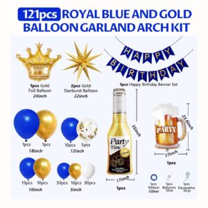 121pcs Royal Blue Gold Birthday Party Decorations with Happy Birthday Banner Foil Balloons for 16th 18th 21st 24th 32th 40th 50th 60th Birthday Decorations for Men