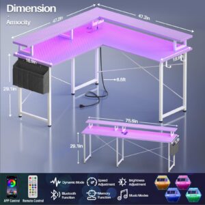 armocity L Shaped Computer Desk with Power Outlets, Gaming LED Lights, Corner Storage Shelves, Work Study for Bedroom, Home Office Small Spaces, 47'', Carbon Fiber Purple