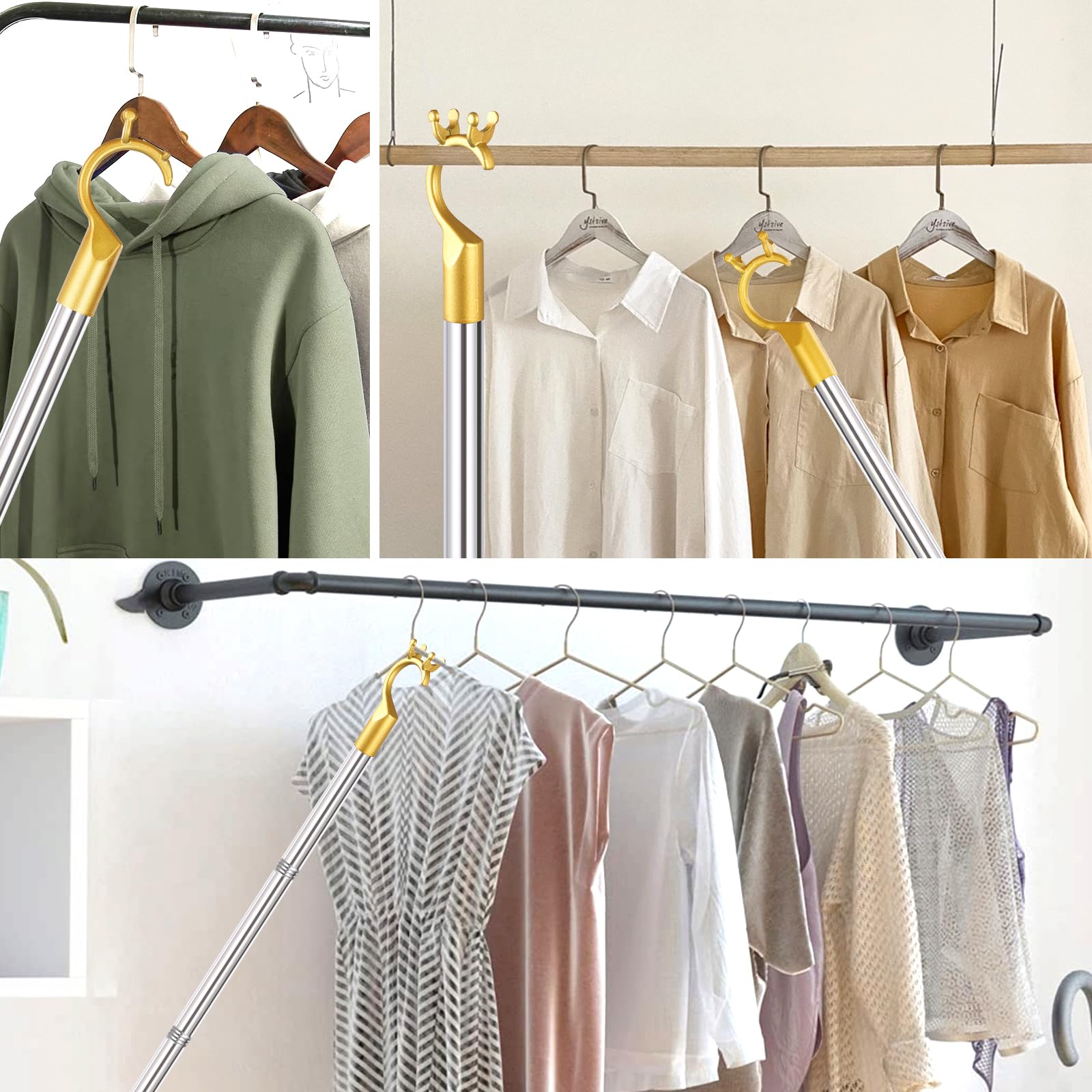 Cagaloi clothes hook pole，56inch adjustable extension pole.High Reach Garment Hook for Hanging Clothes Light and Plants Made of stainless steel, the pole is strong yet lightweight with a sponge handle