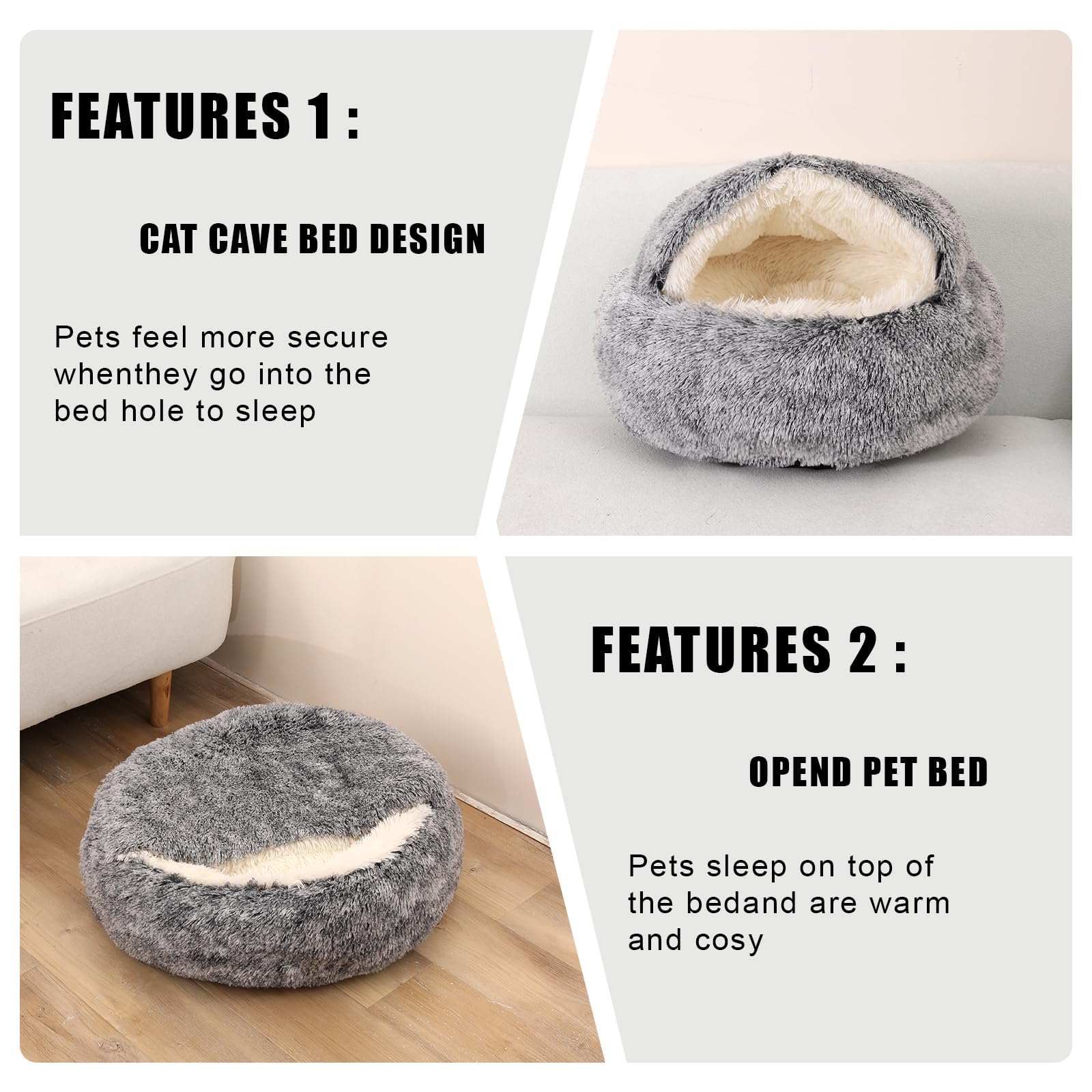 Calming Dog Beds & Cat Cave Bed with Hooded Cover,Washable Round Beds for Small Medium Pets,Anti-Slip Faux Fur Fluffy Coved Bed,Comfortable Warming Pet Bed (20 * 20inch,Grey)