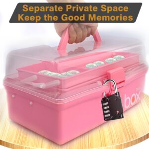 VOAUCEAN 12'' Three-Layer Folding Storage Box, Art Crafts Case,Organization Portable Handled Tool Box for Sewing,Makeup,Tackle,Medical Supply Organizer (Pink)