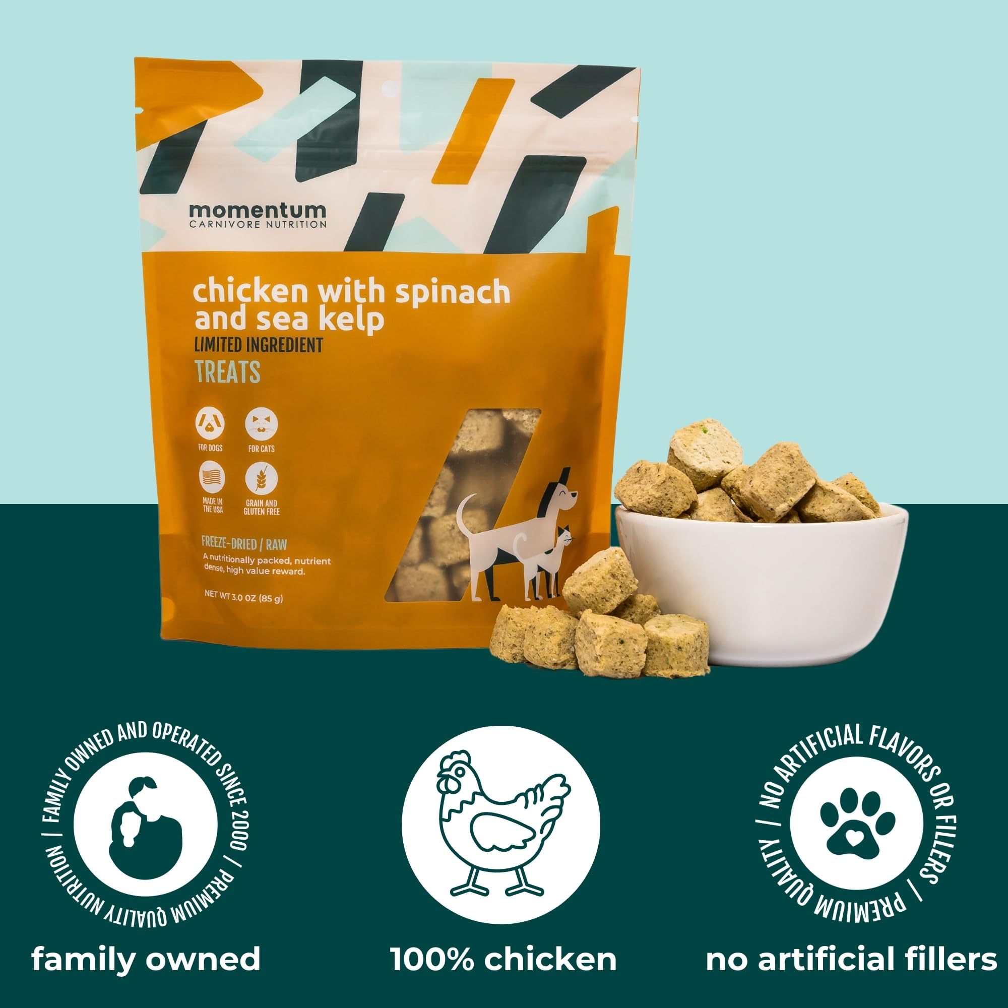 Momentum Carnivore Nutrition Freeze-Dried Chicken, Spinach & Sea Kelp – Single-Ingredient Raw Dog & Cat Treats – High-Protein, Grain-Free Snacks for Pets – 3 oz Bag