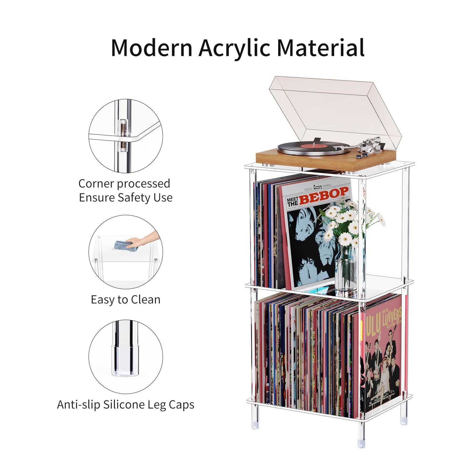 Bkemiy Acrylic Record Player Stand, 3-Tier Clear Turntable Table with Vinyl Record Storage, 15.75" L x 11.81" W x 30.7" H, Modern Side Table/End Table