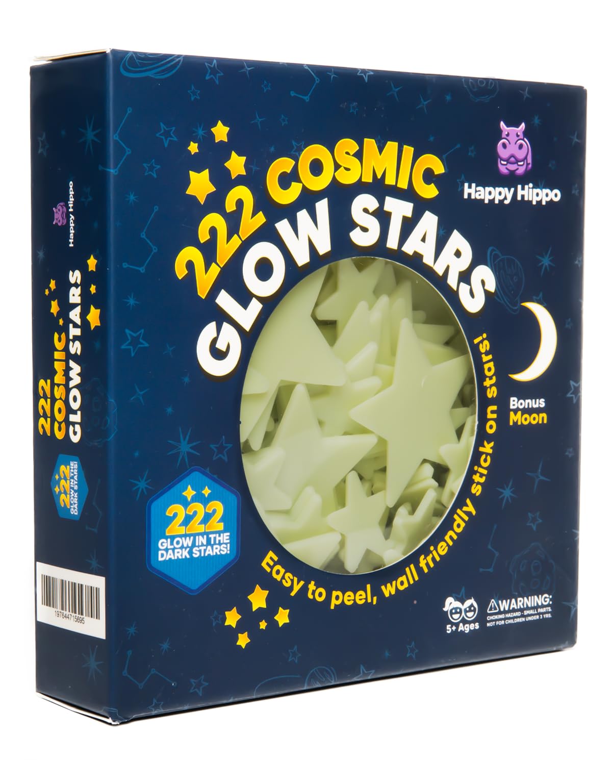 Happy Hippo 222 Glow in The Dark Stars for Ceiling with Bonus Moon