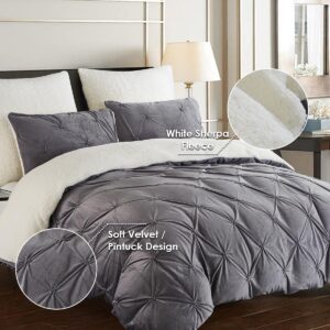 Nayoroom Velvet Duvet Cover Set Queen Size Gray Pinch Pleated Pintuck Reversible Sherpa Fleece Fluffy Comforter Cover 3Pcs Winter Warm Soft Flannel Fuzzy Bedding Set with Zipper Closure