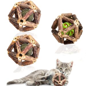 quvovid cat catnip toys 3 packs catnip ball toys, nature silvervine stick cage cat bell balls, catnip toys for cleaning teeth, relaxing cats, cat toys for all breeds