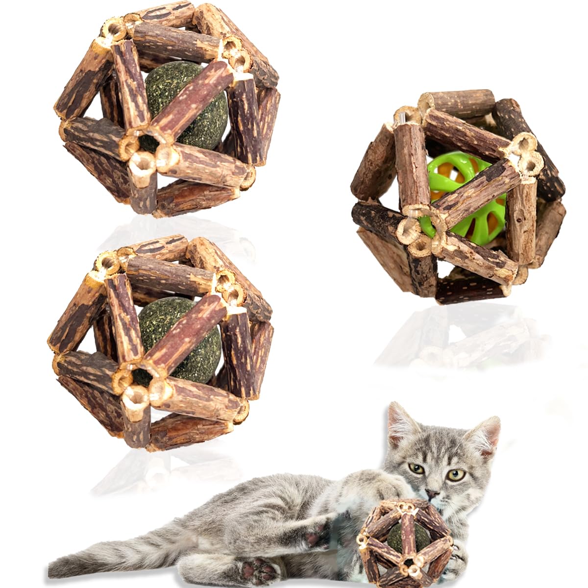 QUVOVID Cat Catnip Toys 3 Packs Catnip Ball Toys, Nature Silvervine Stick Cage Cat Bell Balls, Catnip Toys for Cleaning Teeth, Relaxing Cats, Cat Toys for All Breeds