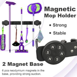 Magnetic Mop Broom Holder, Heavy Duty Magnetic Mop Hanger with 4 Hooks for Cleaning Tools, Strong Magnetic Tool Hanger Organize System Utility Rack for Refrigerators Laundry Garage Kitchen