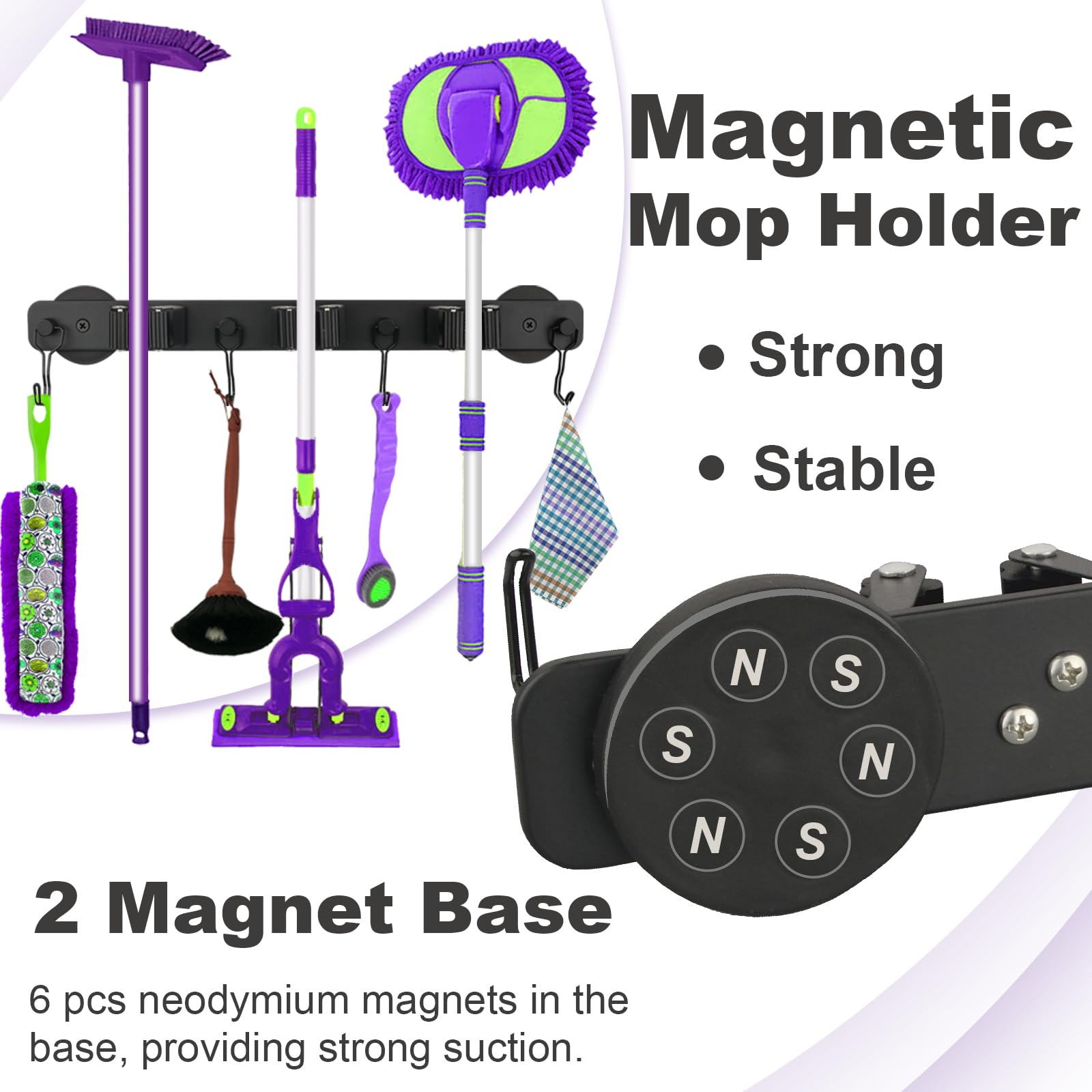 Magnetic Mop Broom Holder, Heavy Duty Magnetic Mop Hanger with 4 Hooks for Cleaning Tools, Strong Magnetic Tool Hanger Organize System Utility Rack for Refrigerators Laundry Garage Kitchen